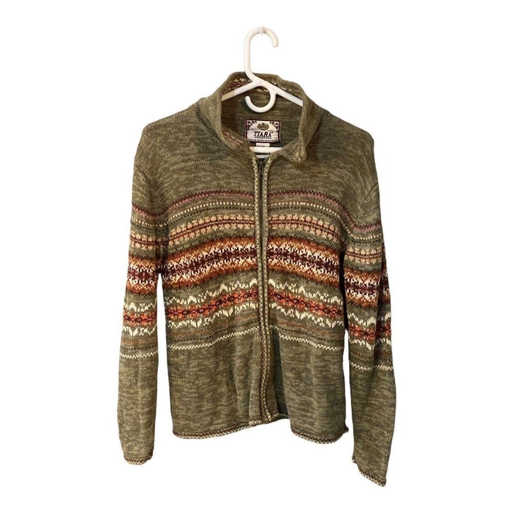 Tiara International Sweater Women's Size S Full Zip Cardigan Fair Isle Green